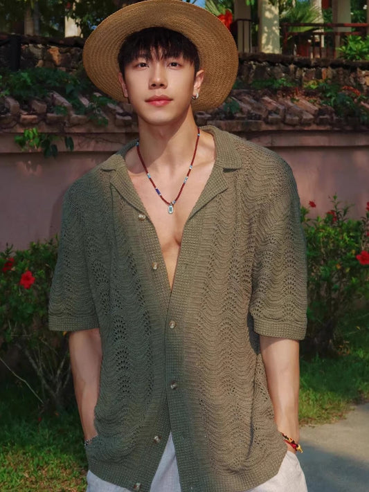 Mens Green Hollow Out Knit Shirt